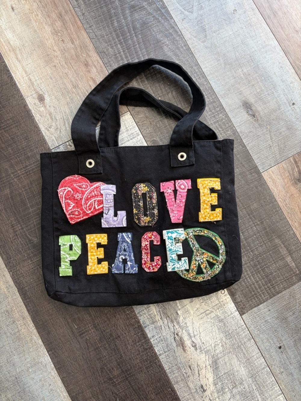 Boho Peace Sign Canvas Tote Bag Patchwork Love Hippie Festival